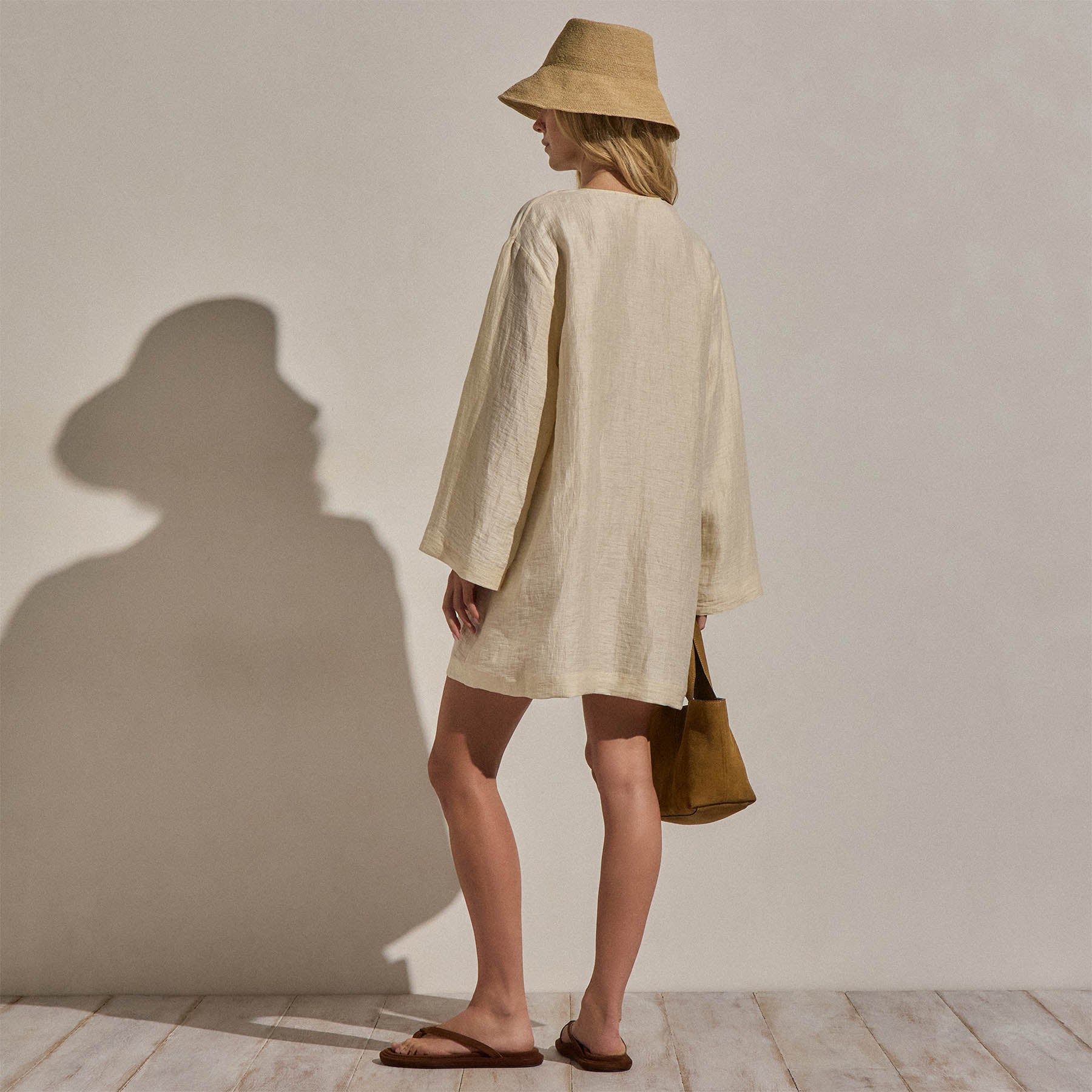 Textured Linen Tie Front Tunic Dress in Ecru | James Perse Los Angeles
