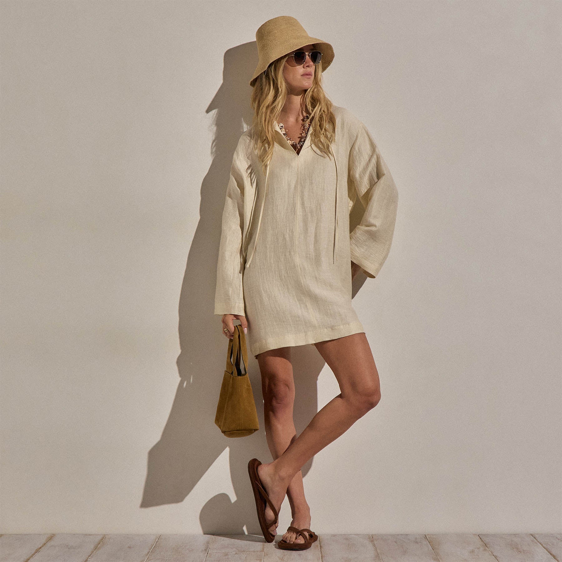 Textured Linen Tie Front Tunic Dress in Ecru | James Perse Los Angeles