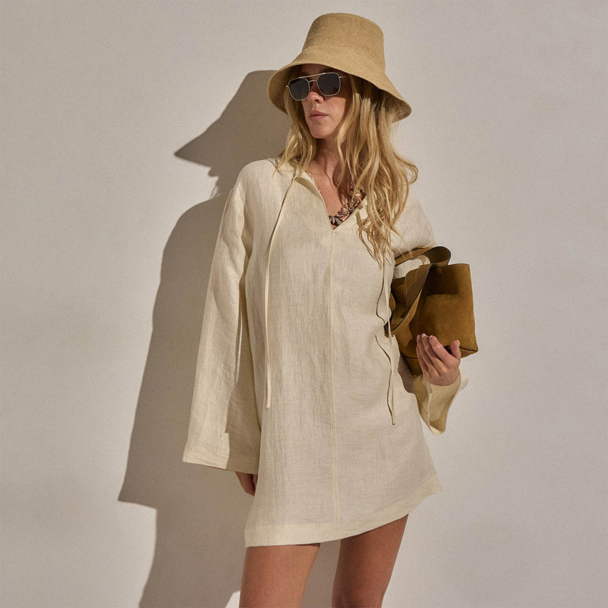 Textured Linen Tie Front Tunic Dress in Ecru | James Perse Los Angeles