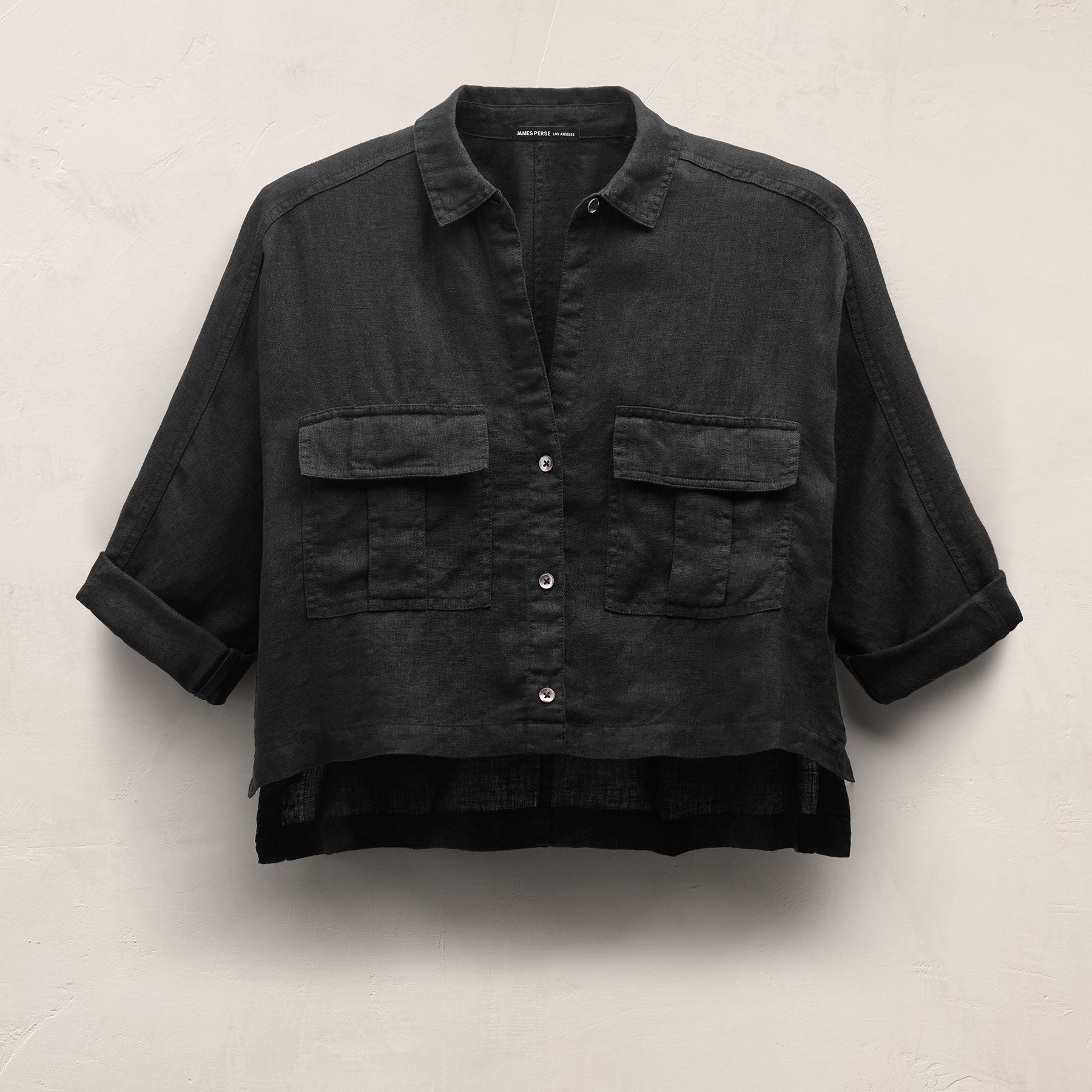 Linen Cropped Pocket Shirt in Black | James Perse Los Angeles