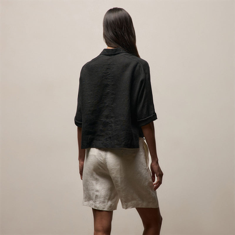 Linen Cropped Pocket Shirt in Black | James Perse Los Angeles