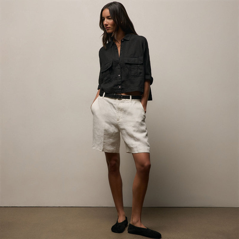 Linen Cropped Pocket Shirt in Black | James Perse Los Angeles