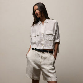 Linen Cropped Pocket Shirt in White | James Perse Los Angeles