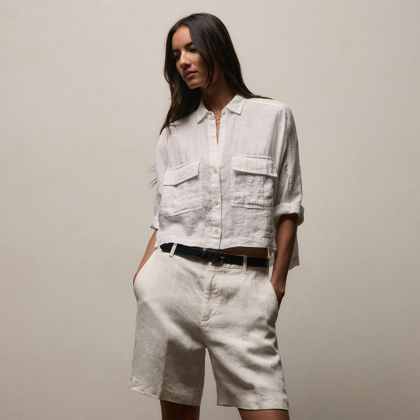 Linen Cropped Pocket Shirt in White | James Perse Los Angeles