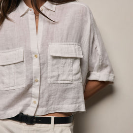 Linen Cropped Pocket Shirt in White | James Perse Los Angeles