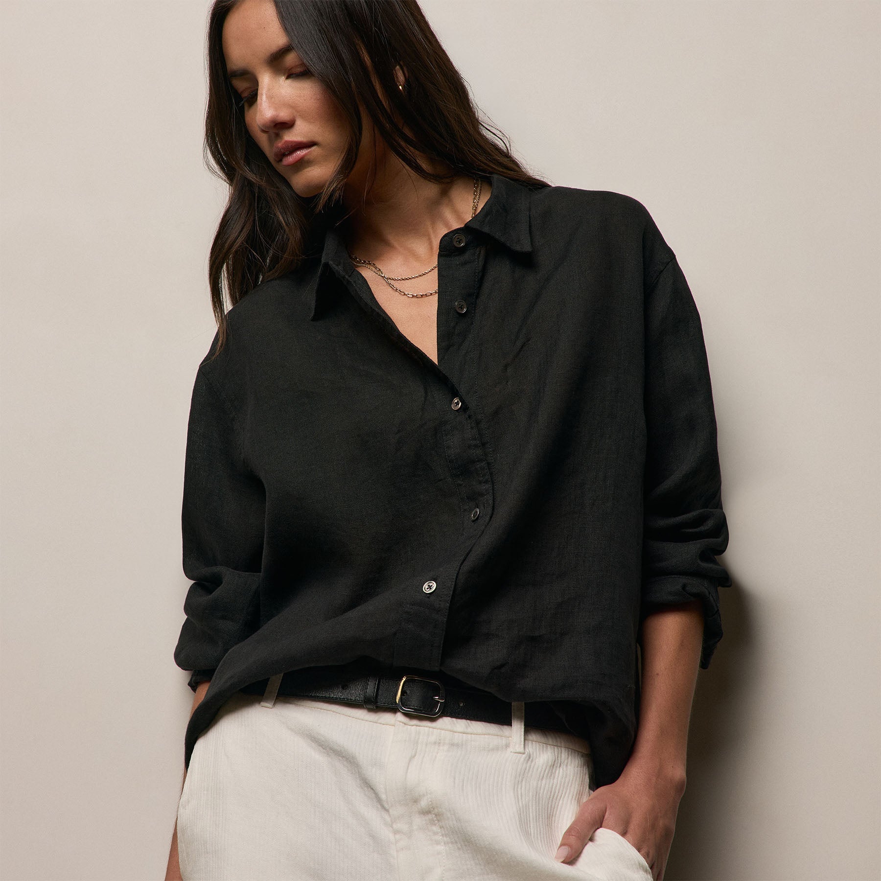 Linen Oversized Shirt in Black | James Perse Los Angeles