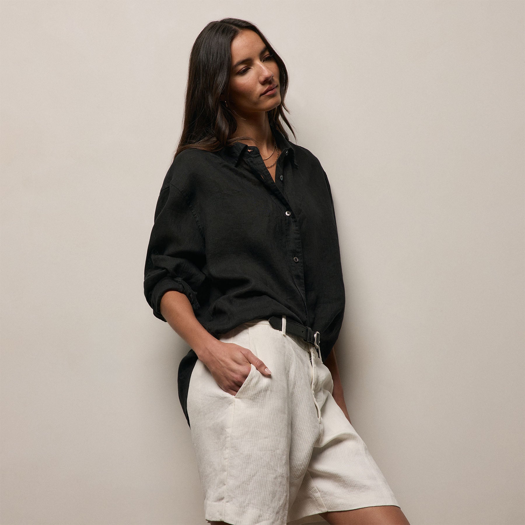 Linen Oversized Shirt in Black | James Perse Los Angeles