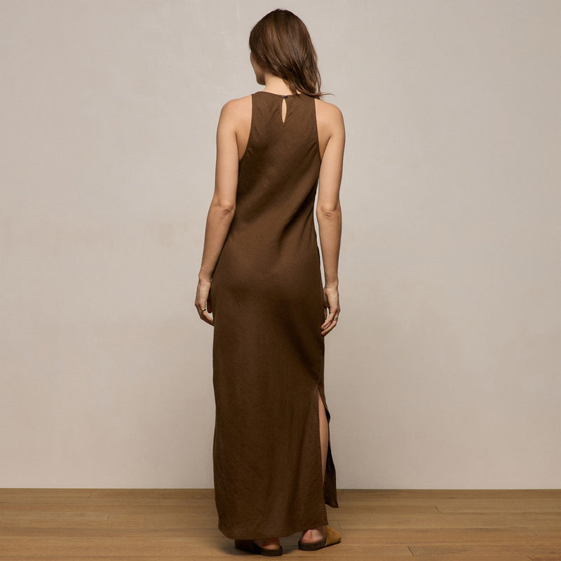 brown linen maxi dress James Perse Linen Halter Maxi Dress