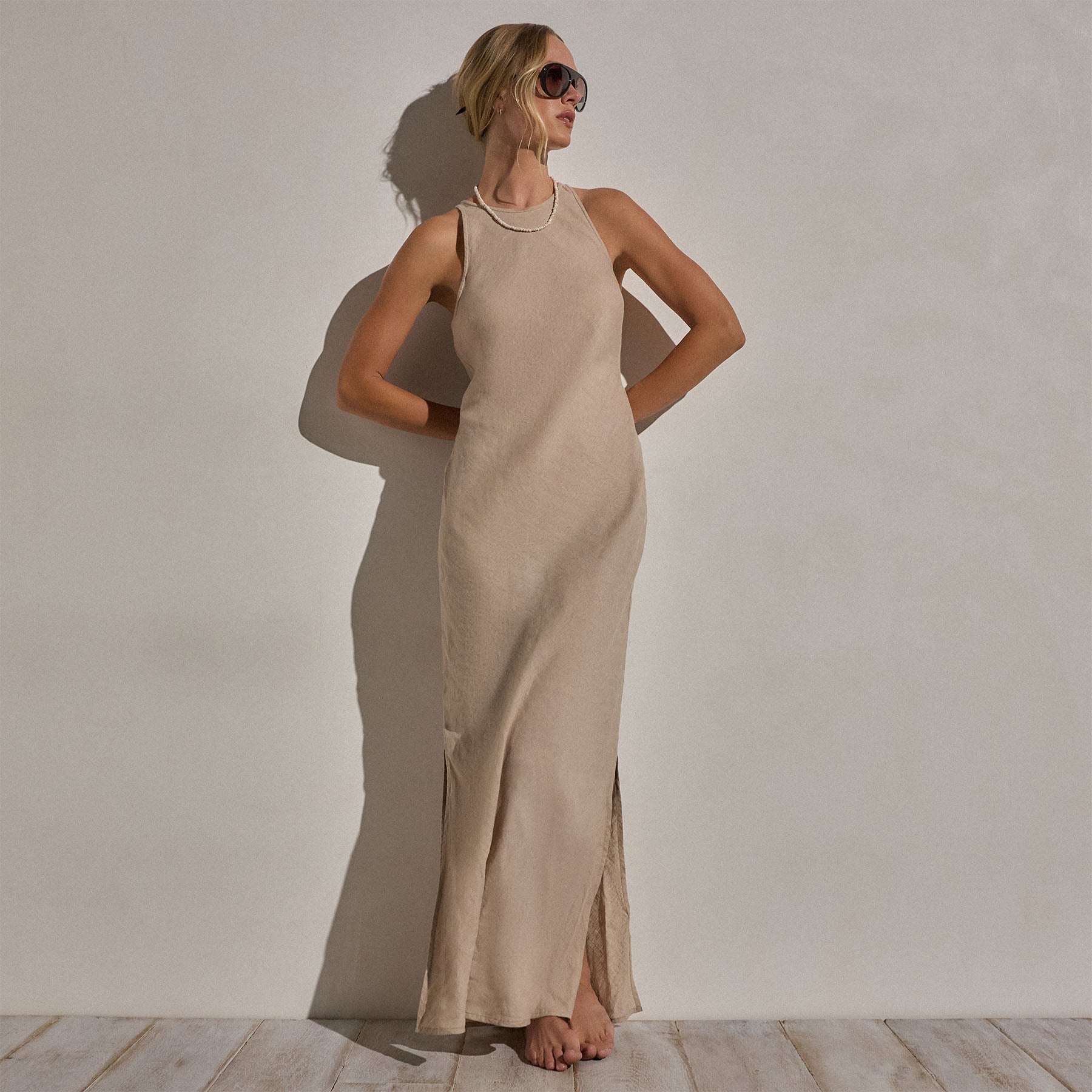Linen Halter Maxi Dress - Stone