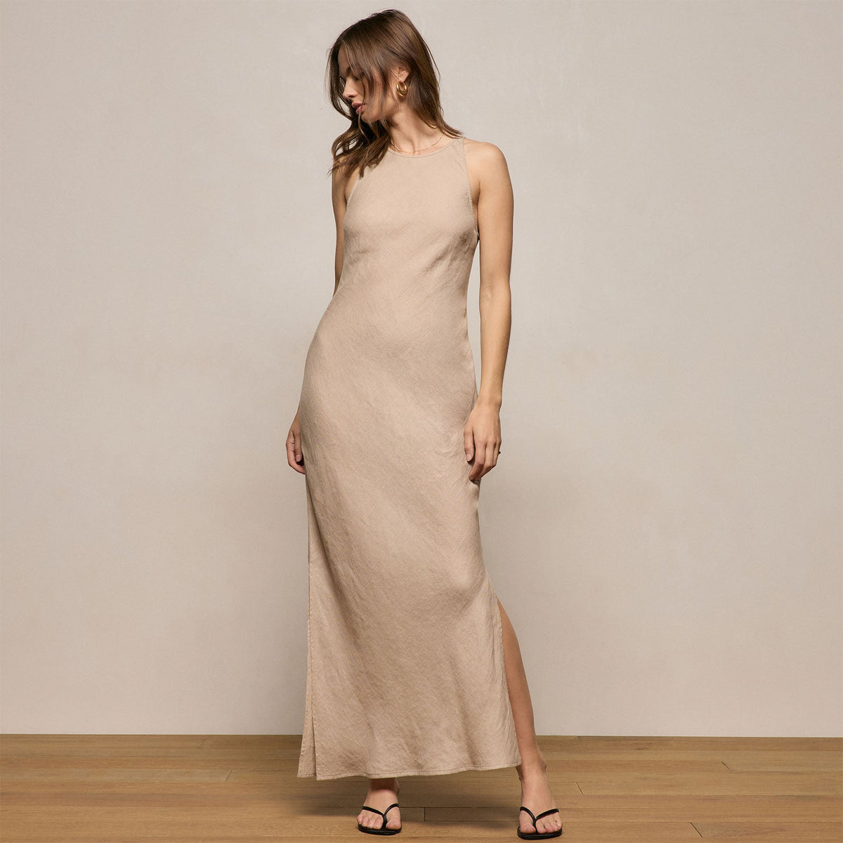 Linen Halter Maxi Dress in Stone | James Perse Los Angeles