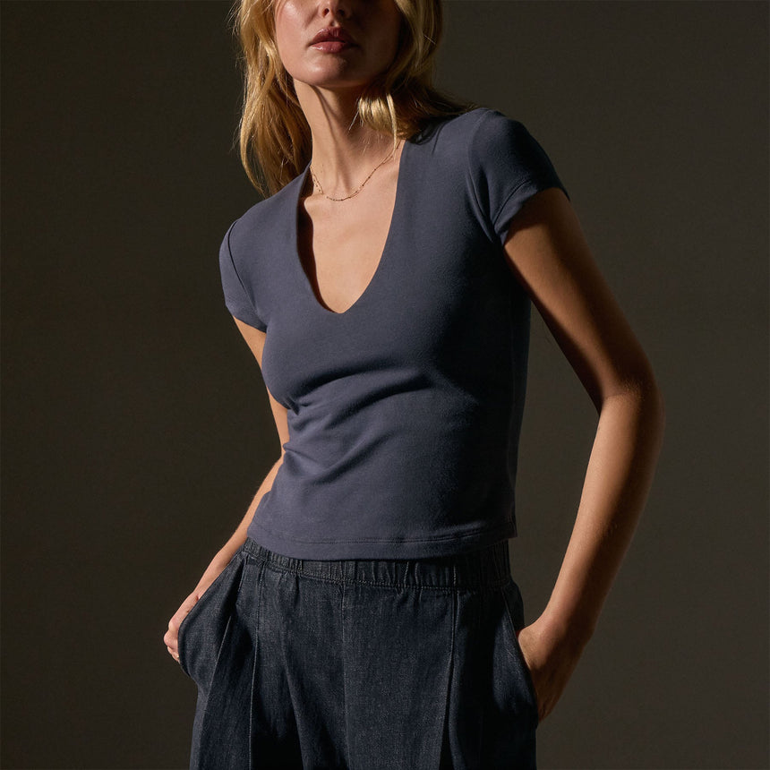 Stretch Lotus Deep V Short Sleeve Tee  in Blue Noir | James Perse Los Angeles