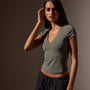 Double Front Short Sleeve Deep V Tee in Palm | James Perse Los Angeles
