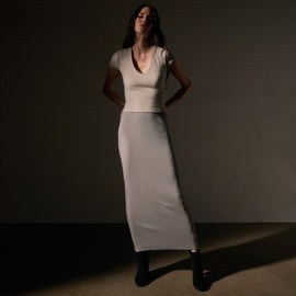 Stretch Lotus Deep V Short Sleeve Tee  in Tan | James Perse Los Angeles