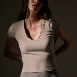 Stretch Lotus Deep V Short Sleeve Tee  in Tan | James Perse Los Angeles