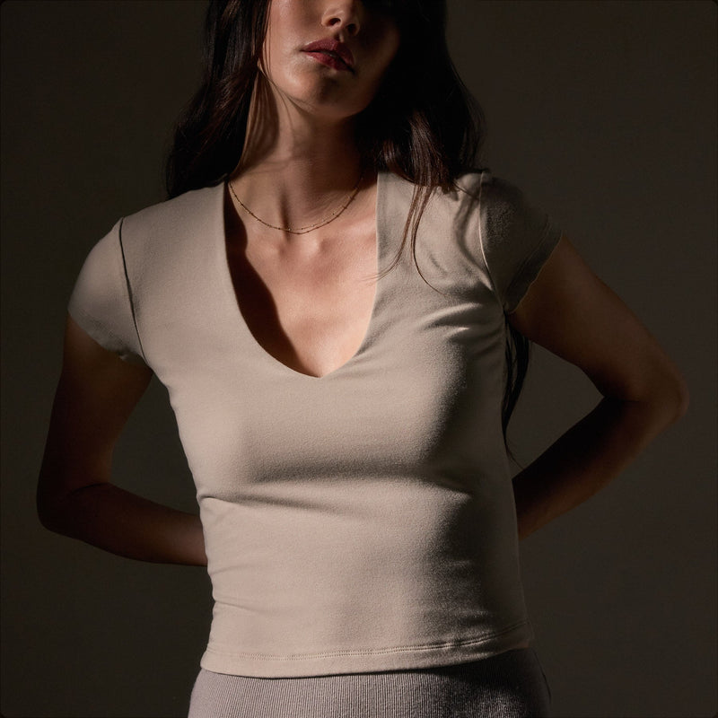 Stretch Lotus Deep V Short Sleeve Tee  in Tan | James Perse Los Angeles