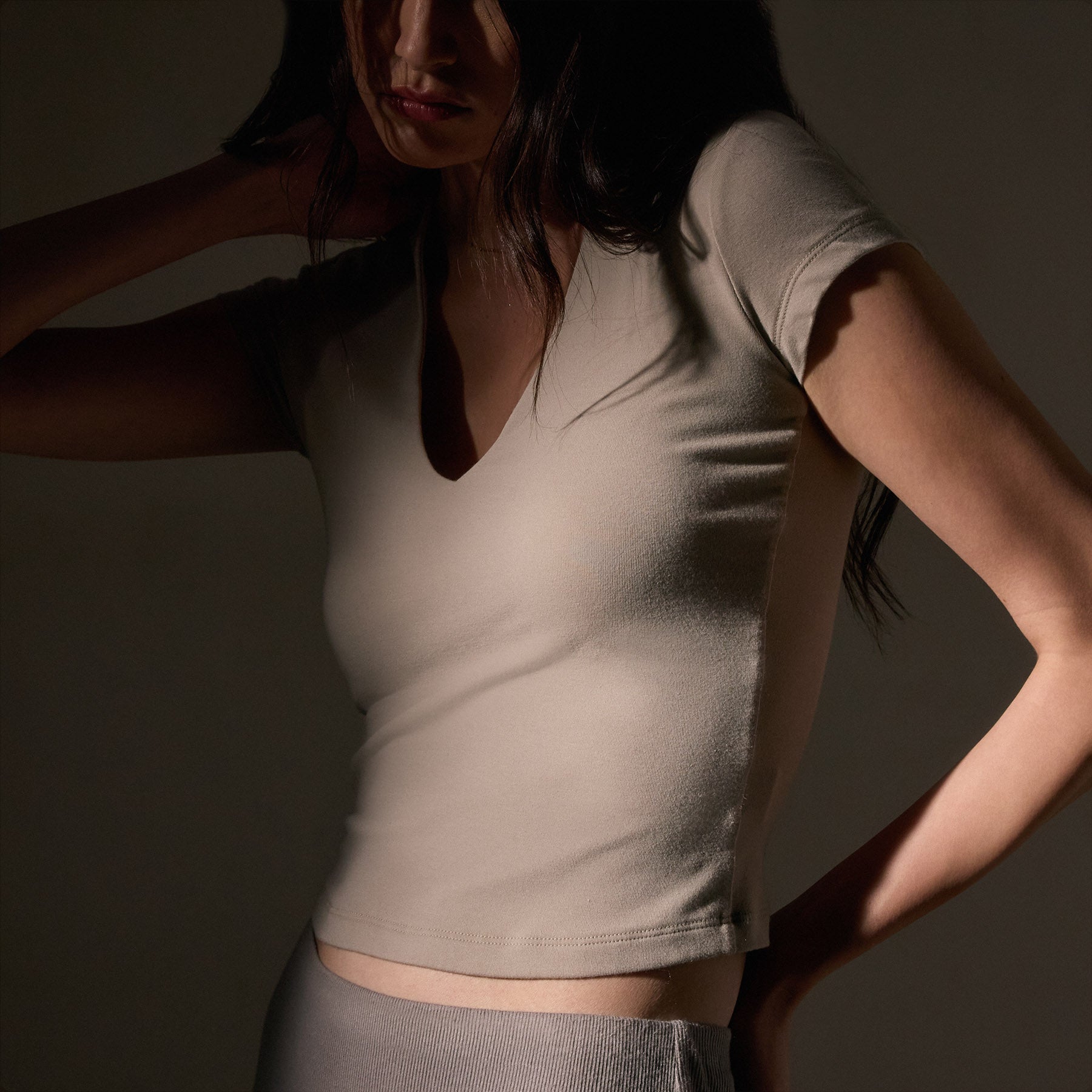 Stretch Lotus Deep V Short Sleeve Tee  in Tan | James Perse Los Angeles