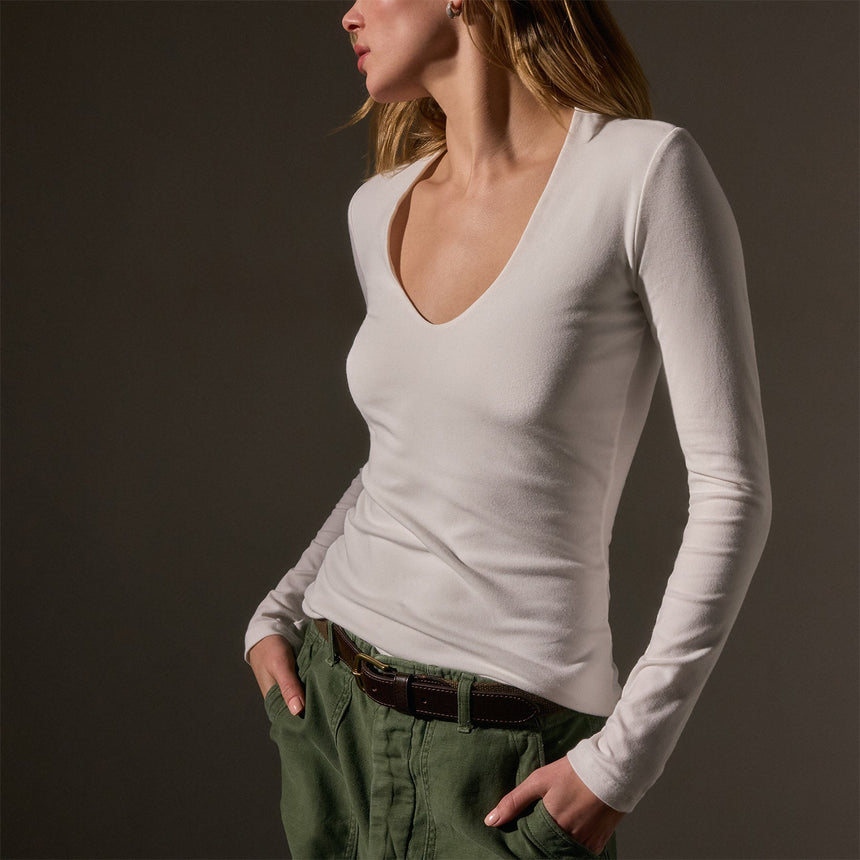 Stretch Lotus Deep V Tee  in White | James Perse Los Angeles