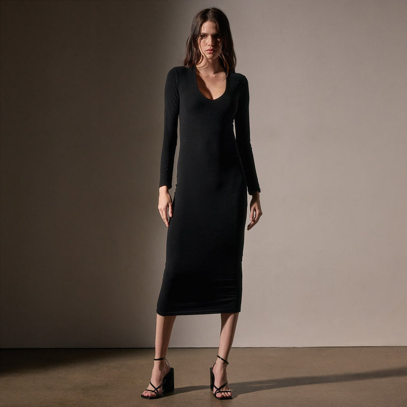 Stretch Lotus Deep V Dress  in Black | James Perse Los Angeles