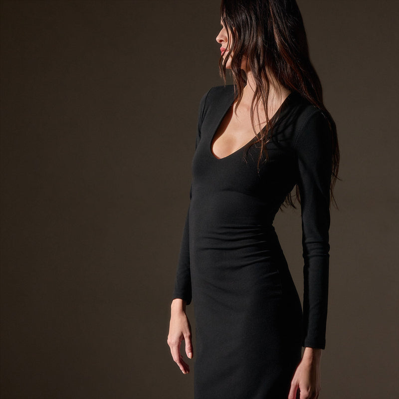 Stretch Lotus Deep V Dress  in Black | James Perse Los Angeles