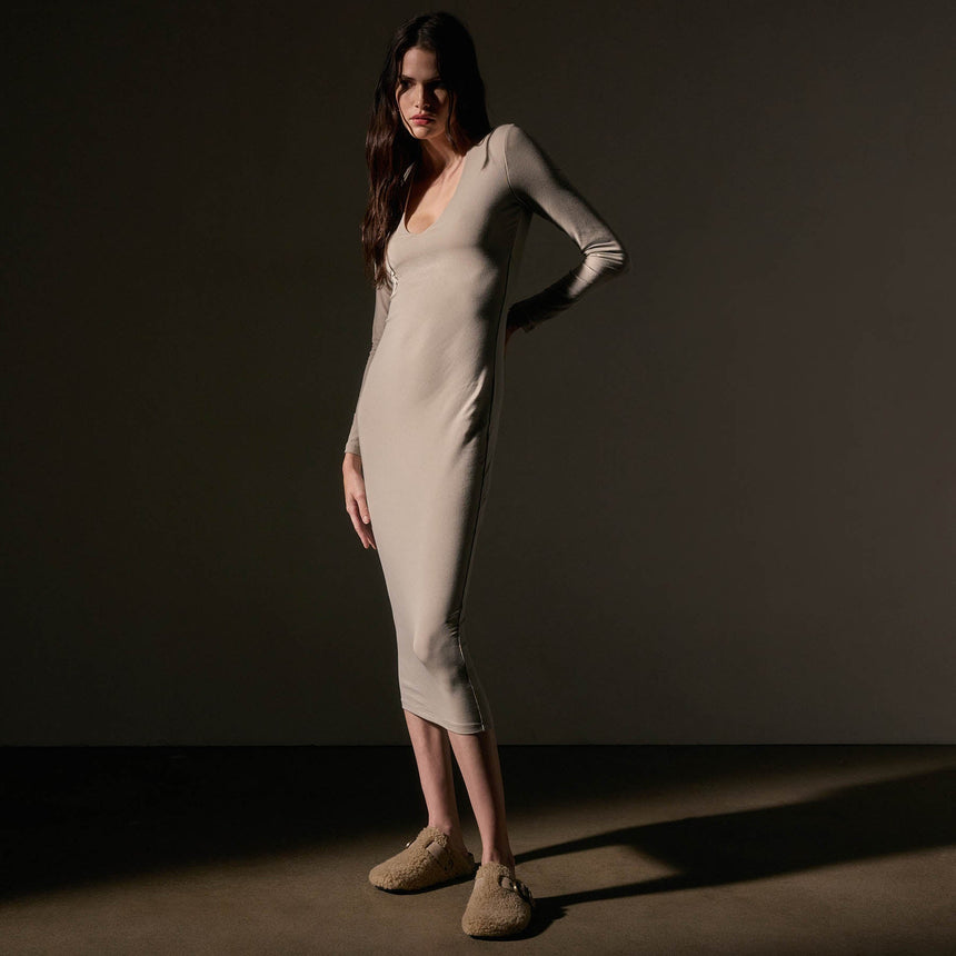 Stretch Lotus Deep V Dress  in Tan | James Perse Los Angeles