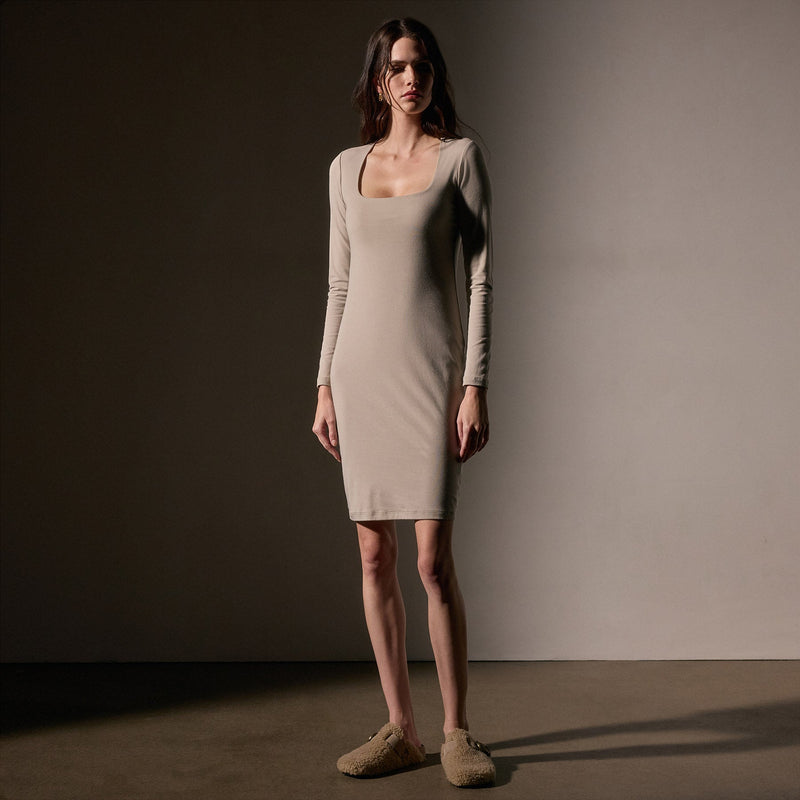 Stretch Lotus Open Neck Dress  in Tan | James Perse Los Angeles