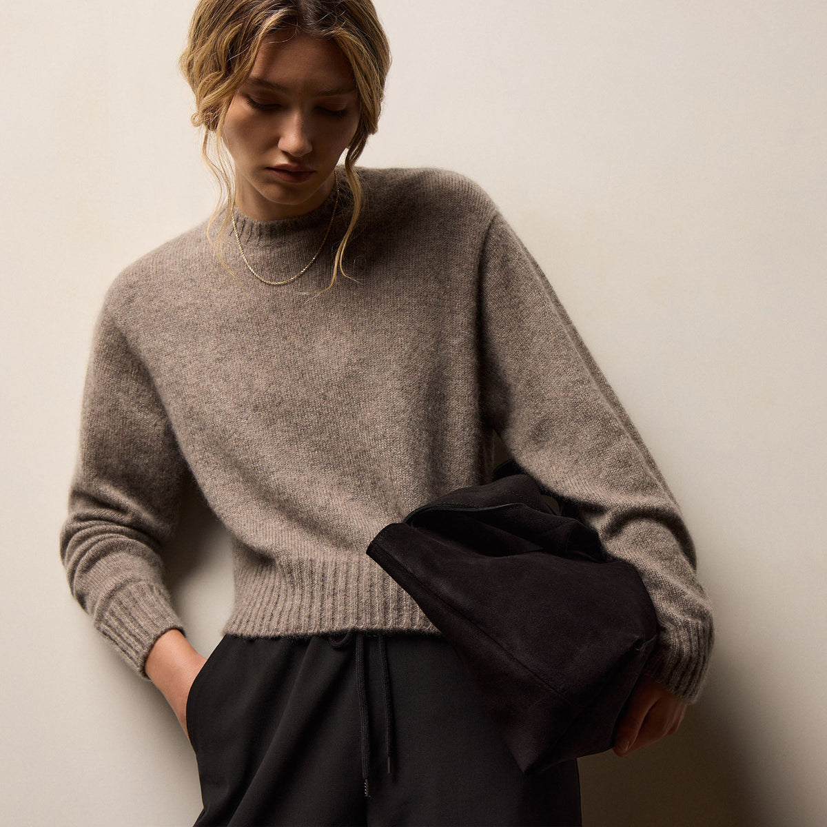 Lightweight Textured Cashmere Crew - Beige Melange | James Perse 