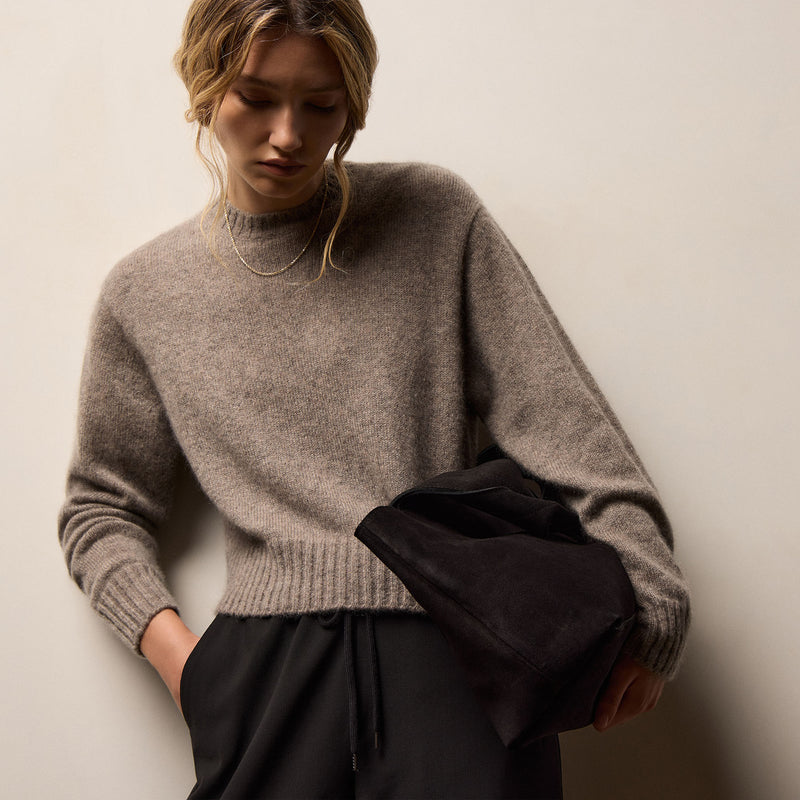 Lightweight Textured Cashmere Crew - Beige Melange