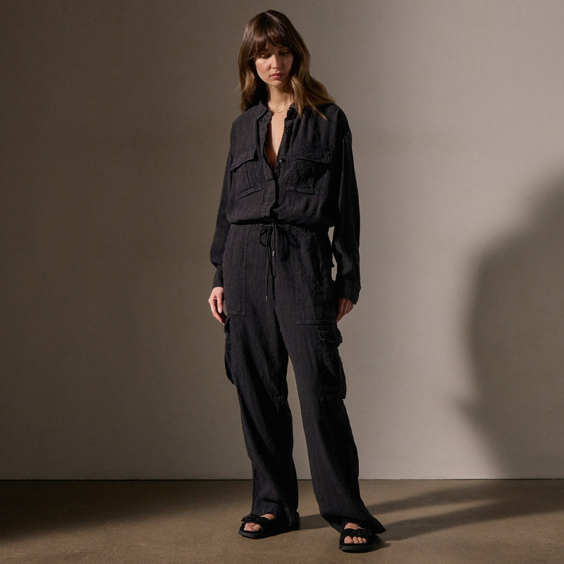 Textured Linen Viscose Jumpsuit in Black | James Perse Los Angeles