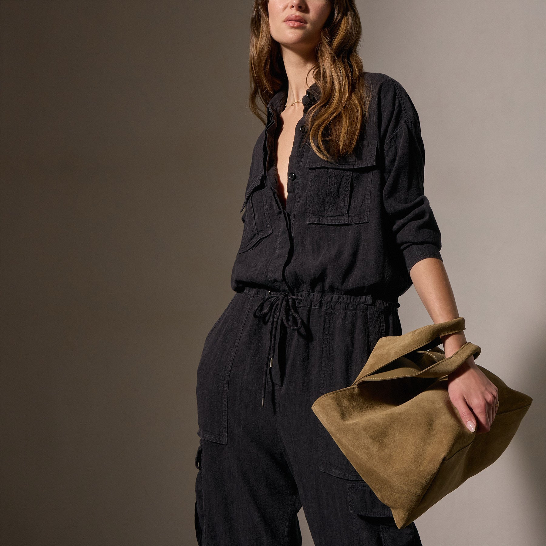 Textured Linen Viscose Jumpsuit in Black | James Perse Los Angeles