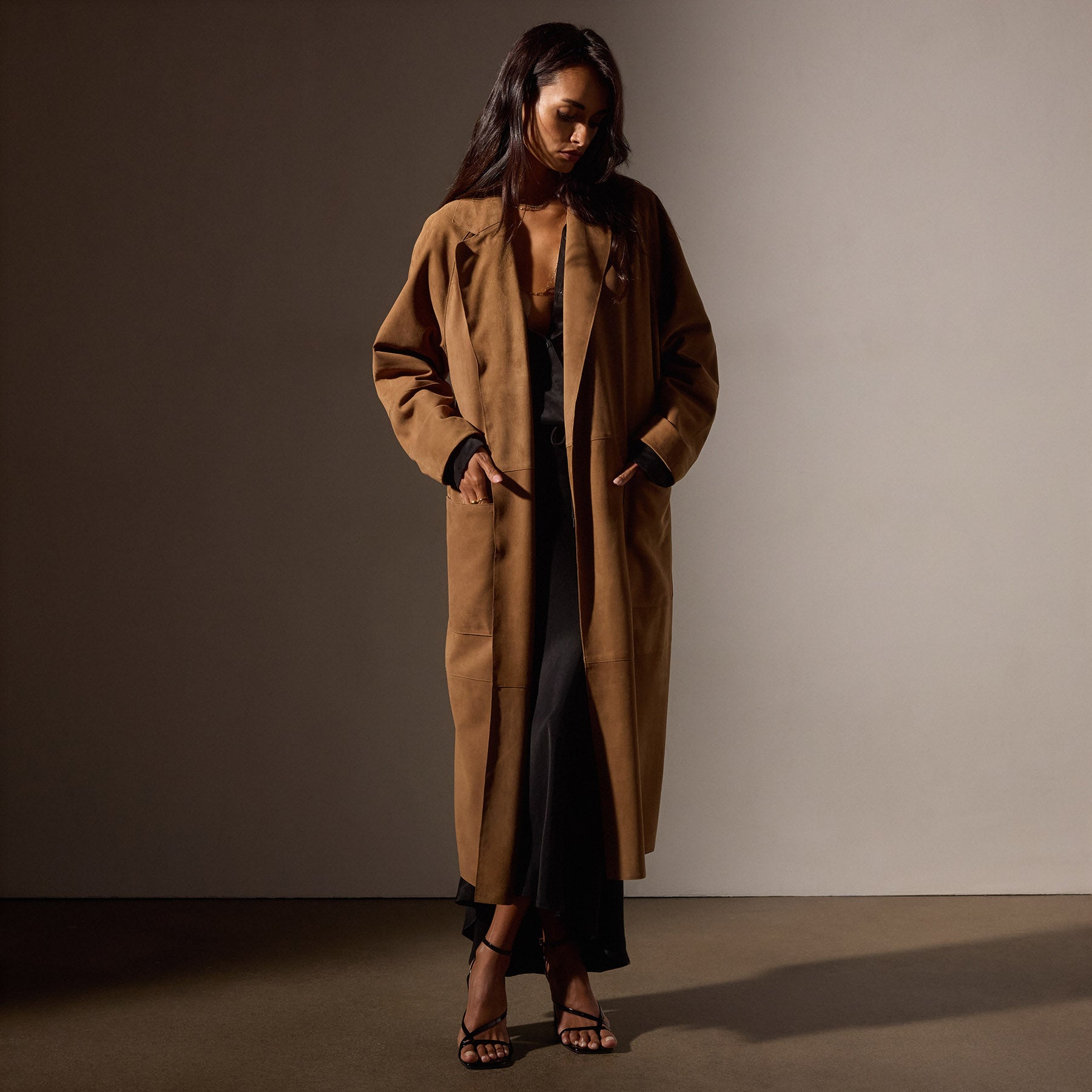 【vintage】suede long coat Womens Vintage Suede Long Coat with Belt - Double Breasted, Split