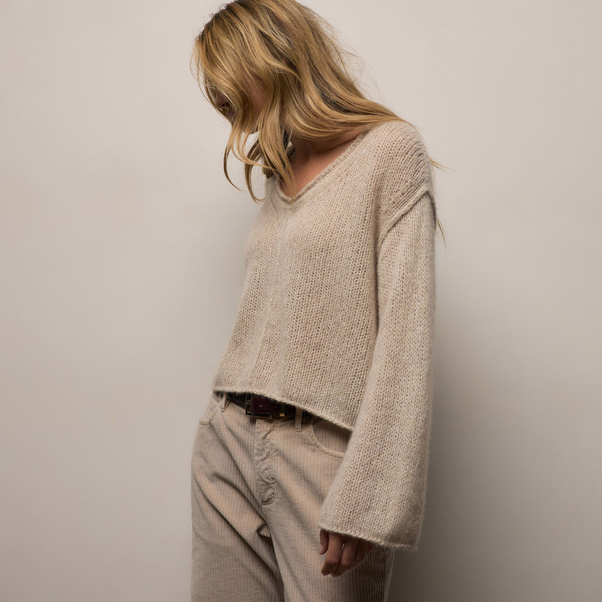 Cshmere Silk Marl Crpd V Neck in Alabaster Mix | James Perse Los Angeles