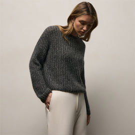 Marled Cashmere Silk Crew Sweater - Black Mix