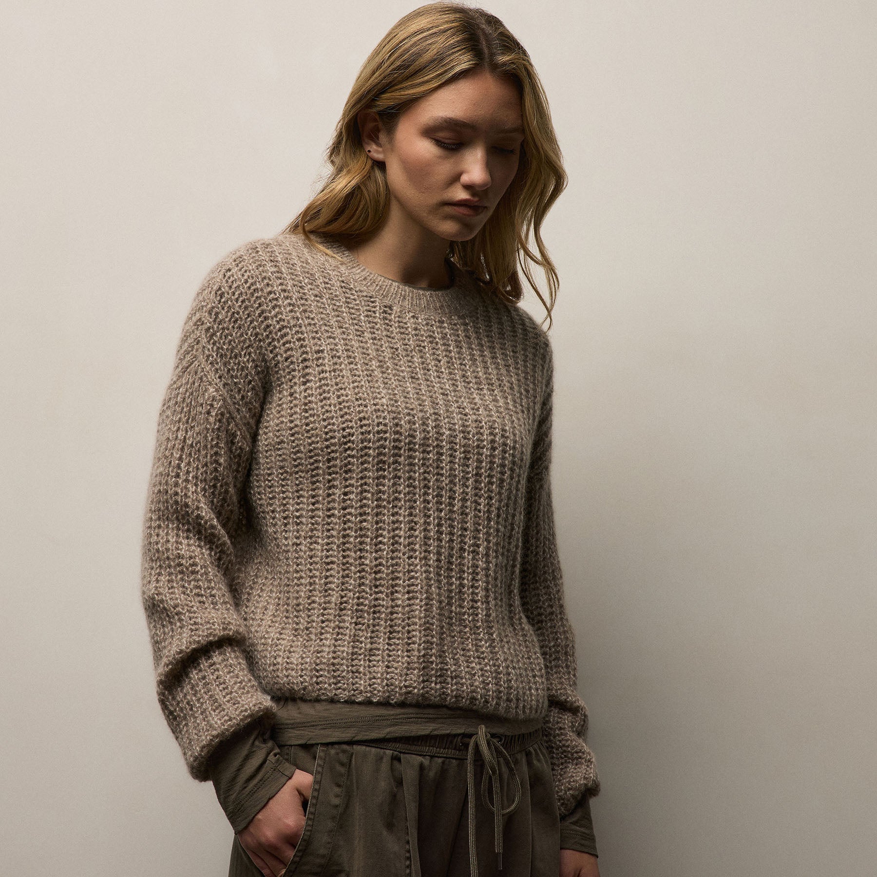Marled Cashmere Silk Crew Sweater - Grout Mix
