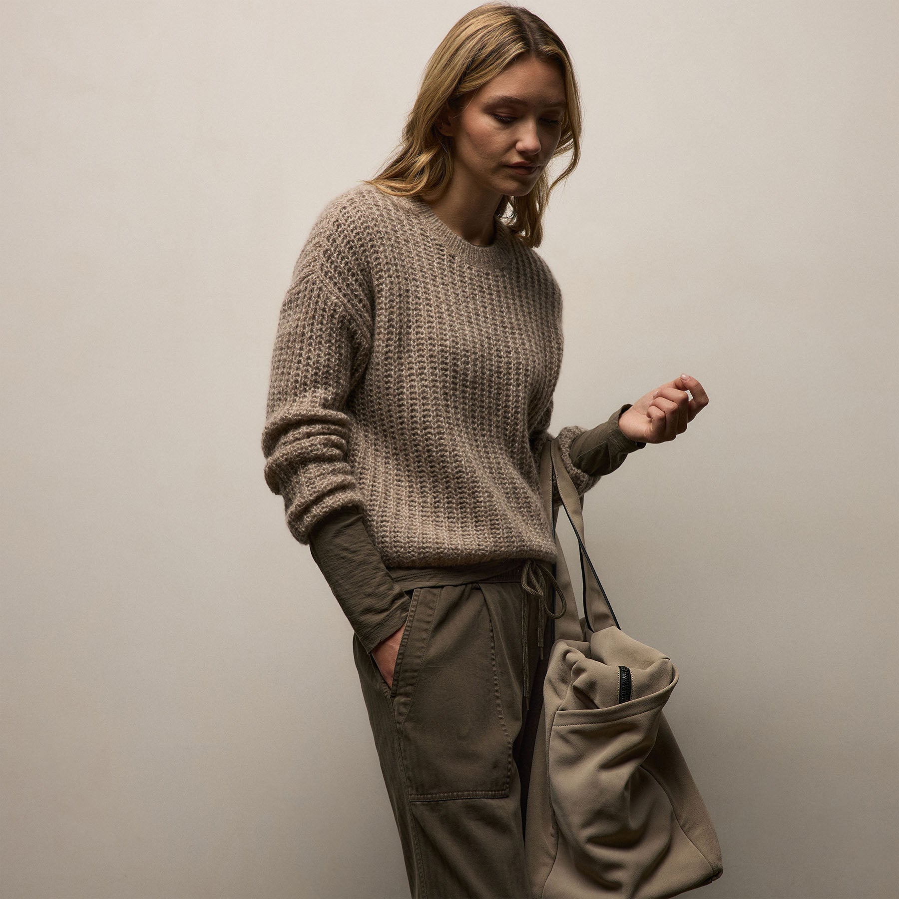 Marled Cashmere Silk Crew Sweater - Grout Mix
