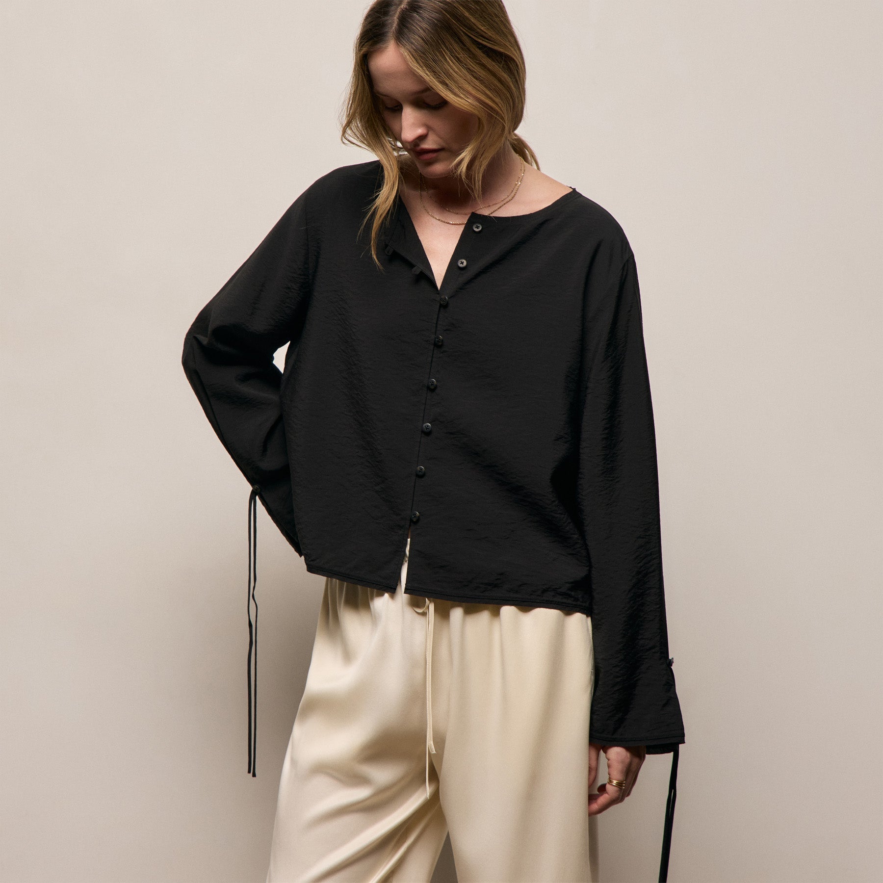 Silk Blend Tie Up Blouse in Black | James Perse Los Angeles
