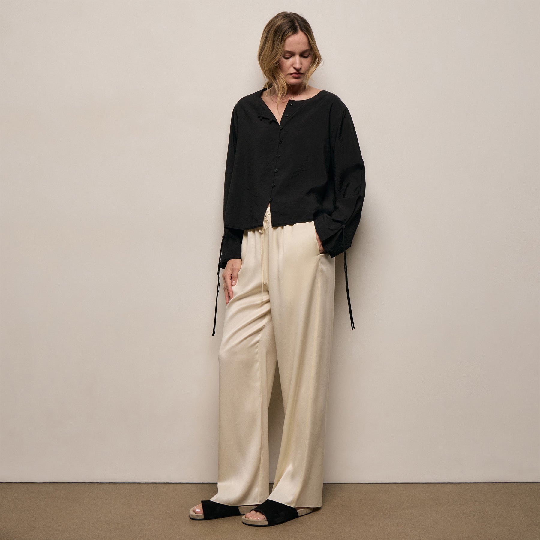 Silk Blend Tie Up Blouse in Black | James Perse Los Angeles