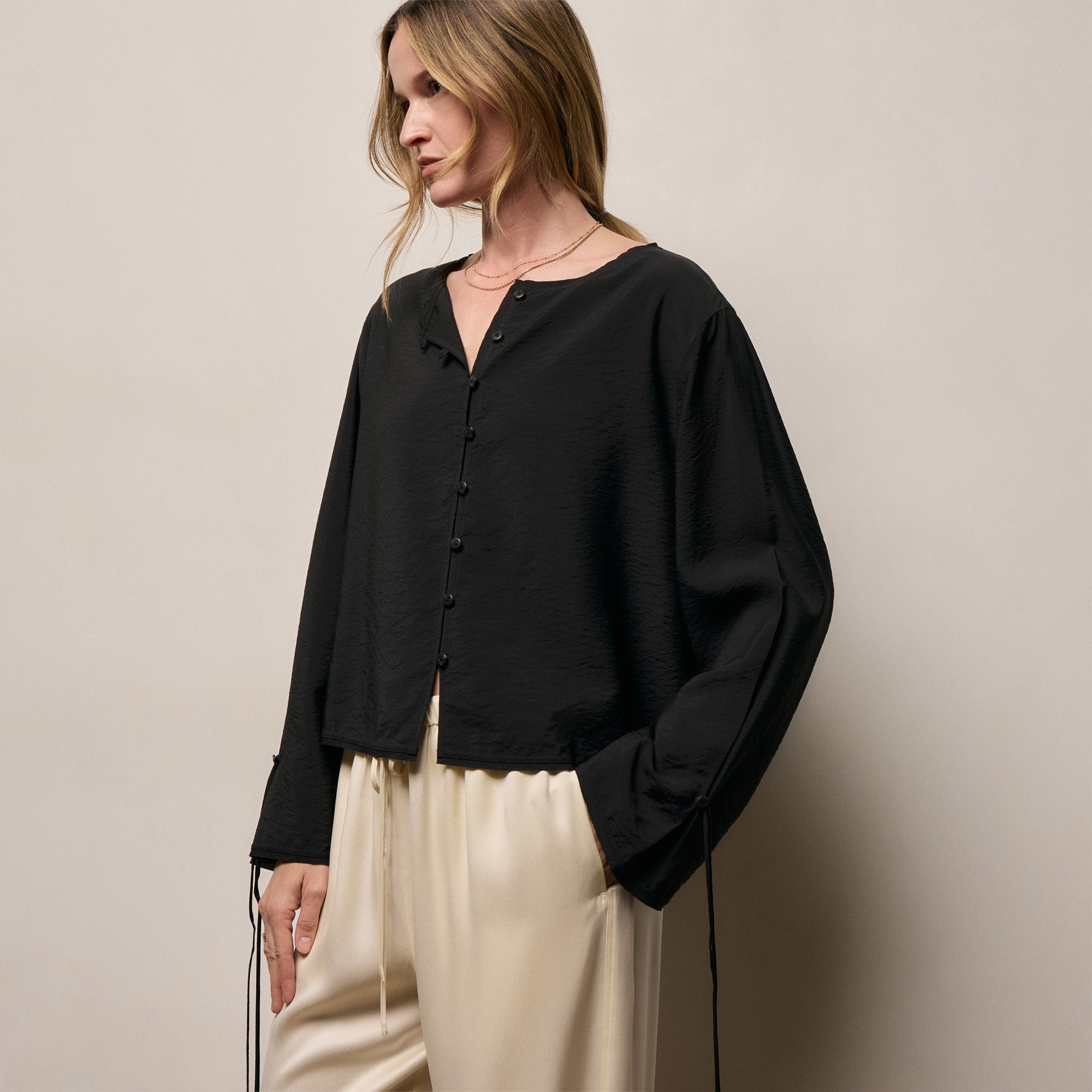 Silk Blend Tie Up Blouse in Black | James Perse Los Angeles