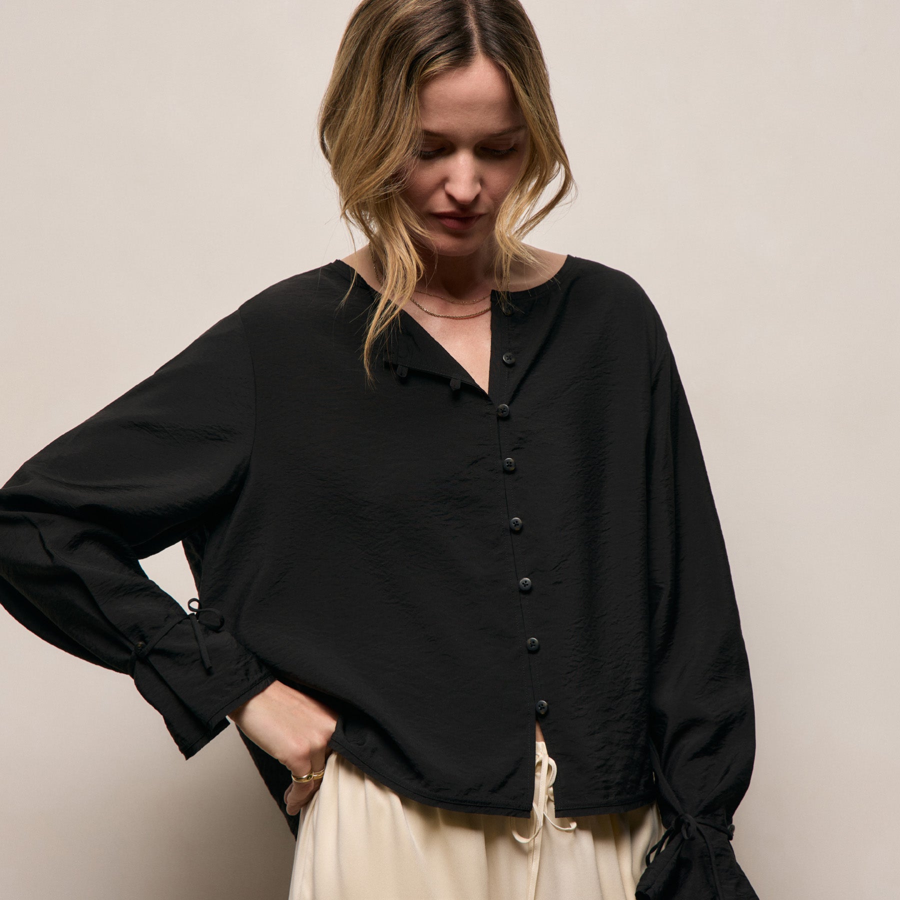 Silk Blend Tie Up Blouse in Black | James Perse Los Angeles