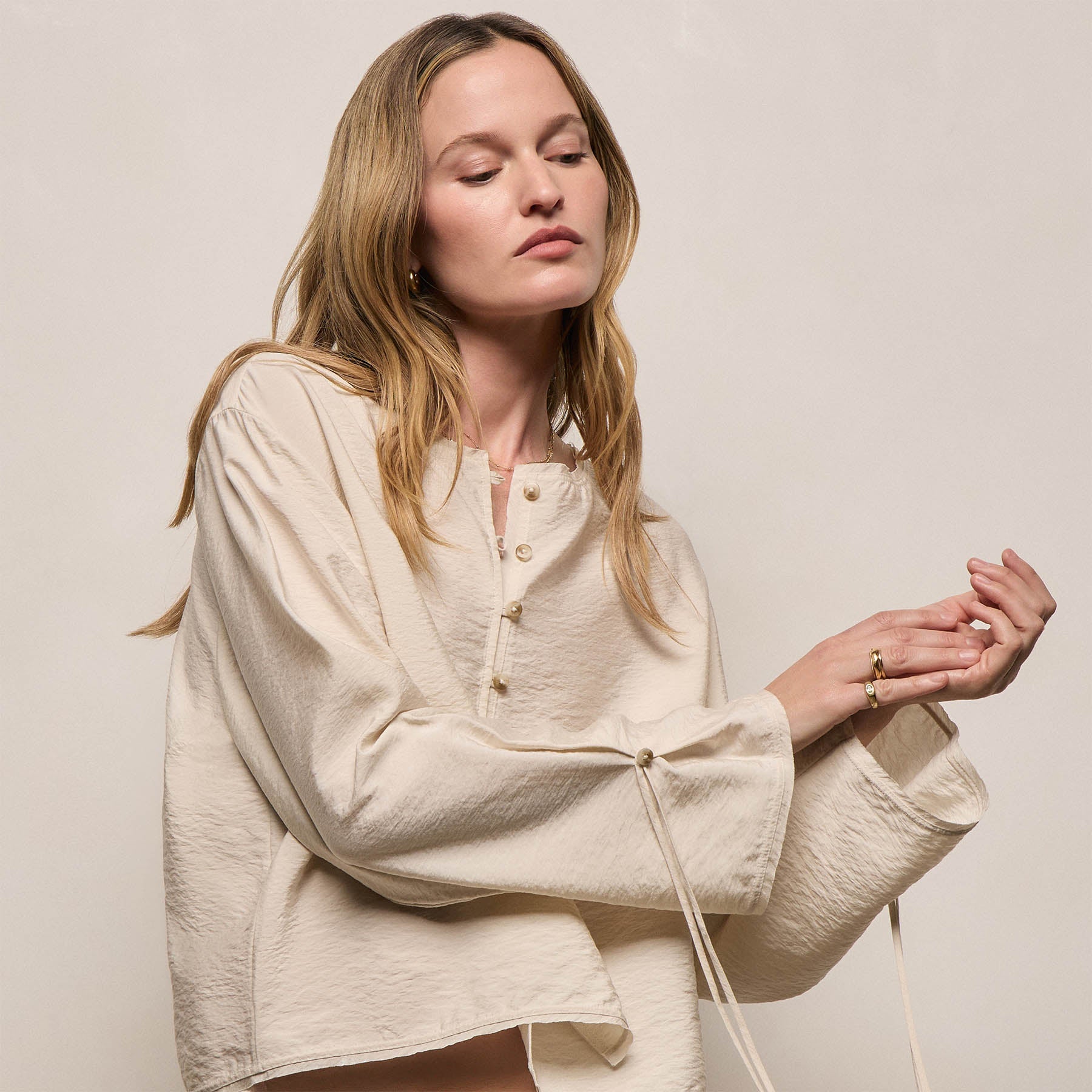 Modal Silk Blend Tie Up Blouse In Parchment | James Perse Los Angeles