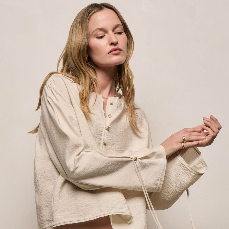 Silk Blend Tie Up Blouse in Parchment | James Perse Los Angeles