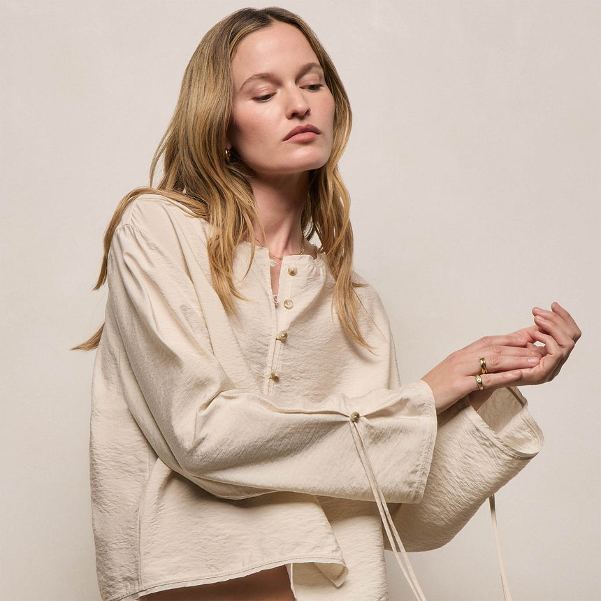 Silk Blend Tie Up Blouse in Parchment | James Perse Los Angeles