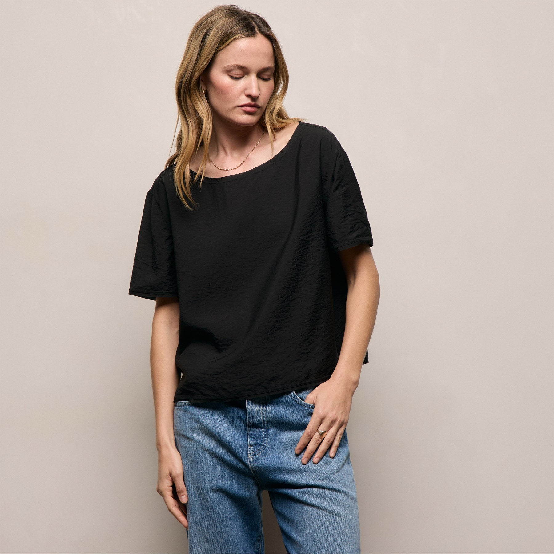 Modal Silk Blend Drop Shoulder Blouse in Black | James Perse Los Angeles