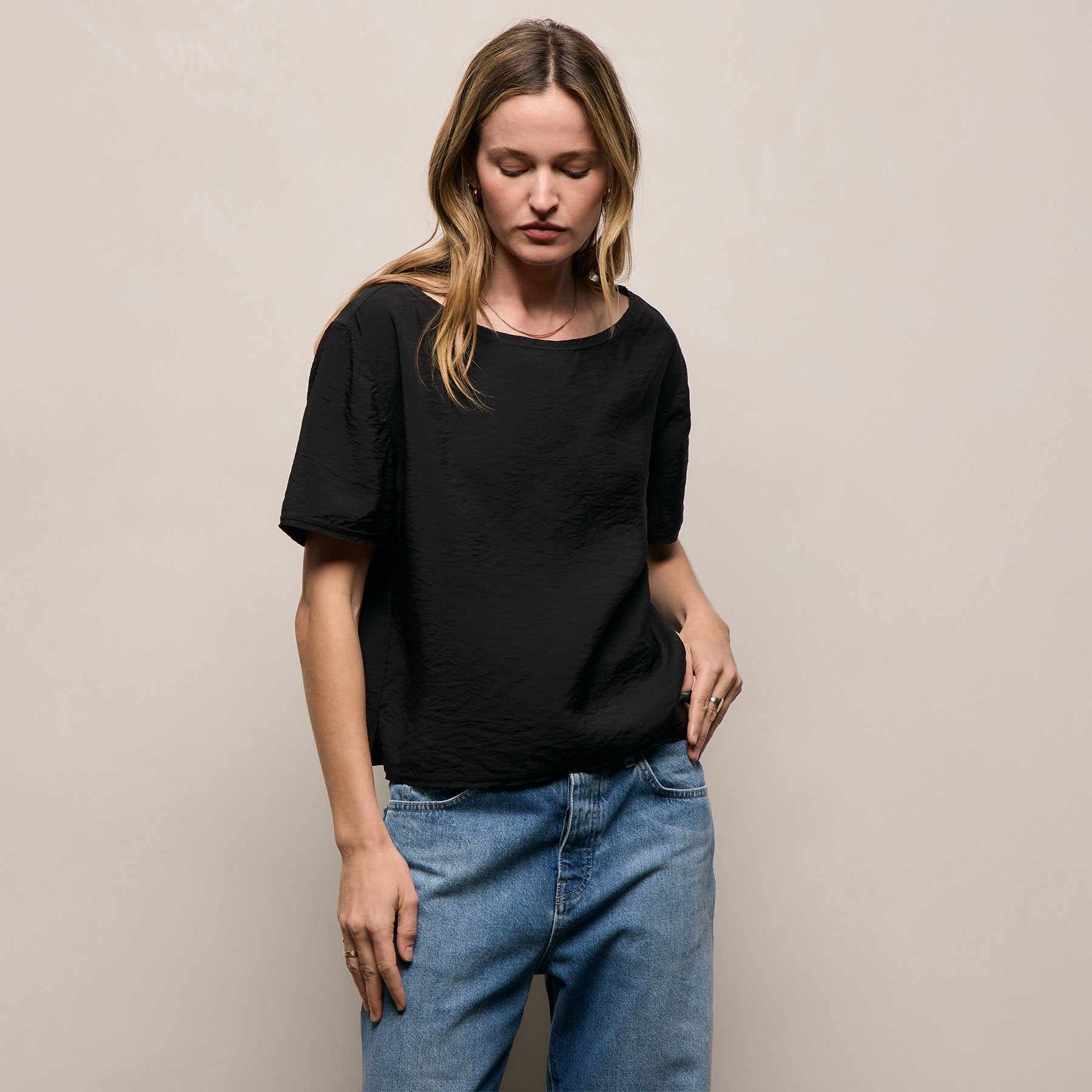 Modal Silk Blend Drop Shoulder Blouse in Black | James Perse Los Angeles