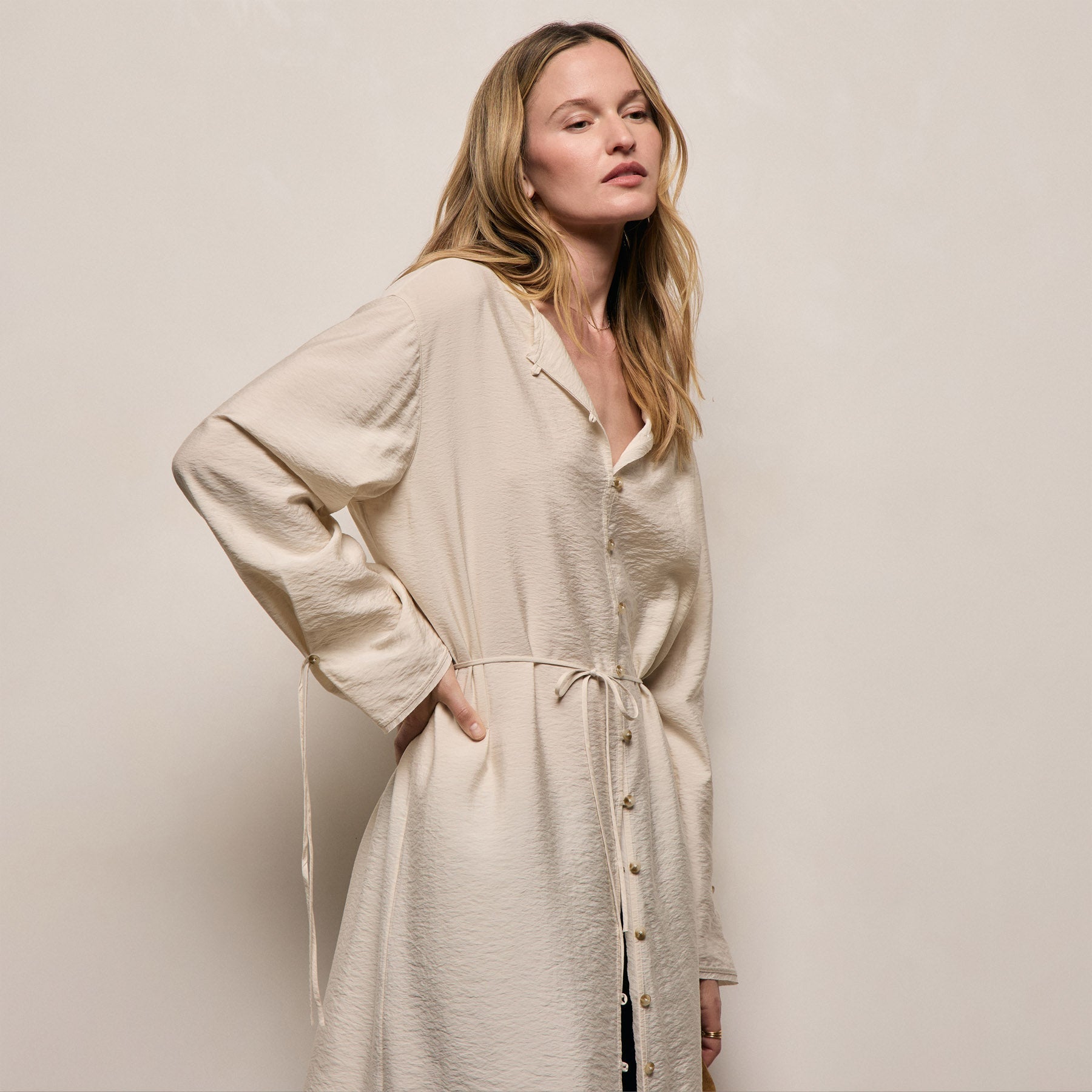 Silk Blend Tie Up Dress in Parchment | James Perse Los Angeles