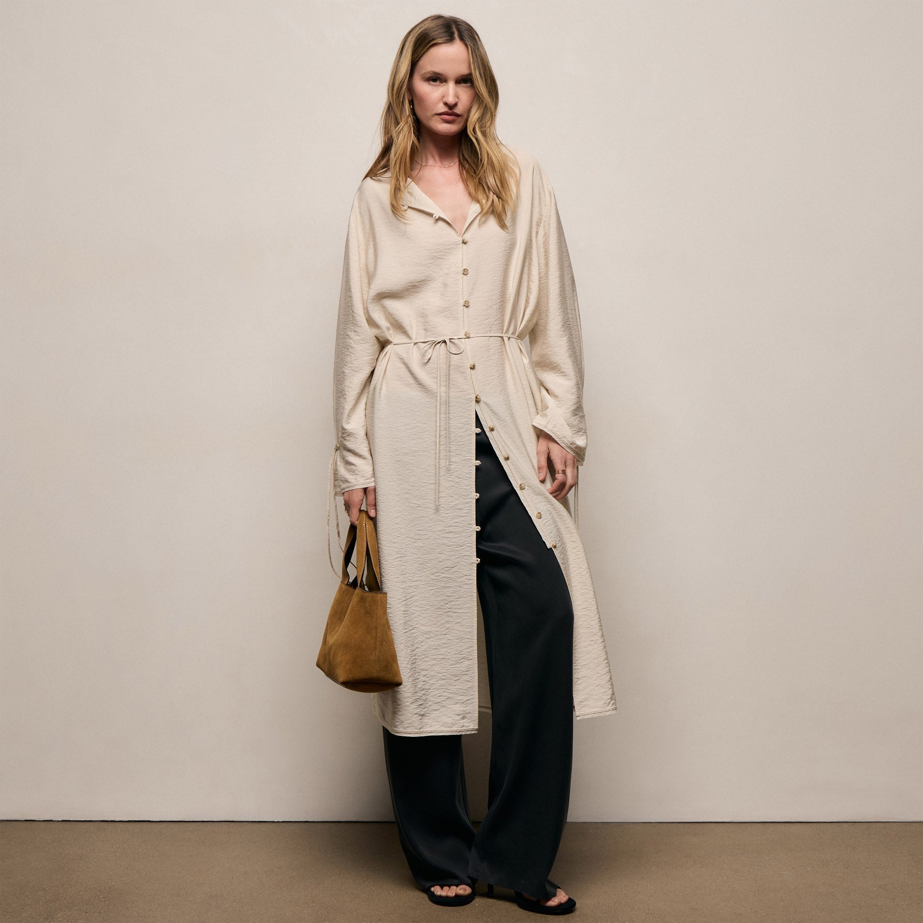 Silk Blend Tie Up Dress in Parchment | James Perse Los Angeles