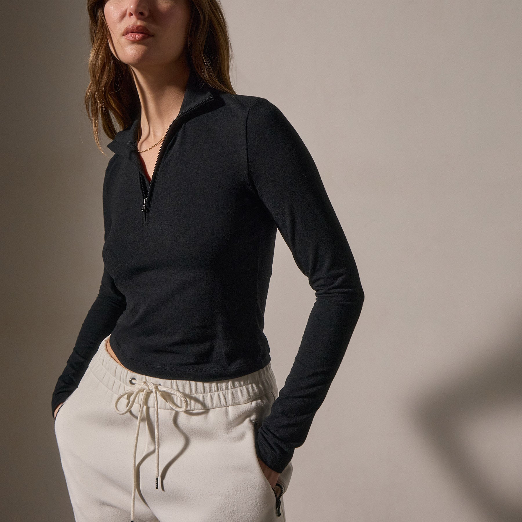Cropped Long Sleeve Half Zip - Black | James Perse Los Angeles