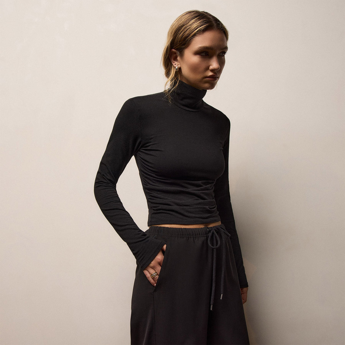 Strech Melange Jersey Turtleneck in Black | James Perse Los Angeles