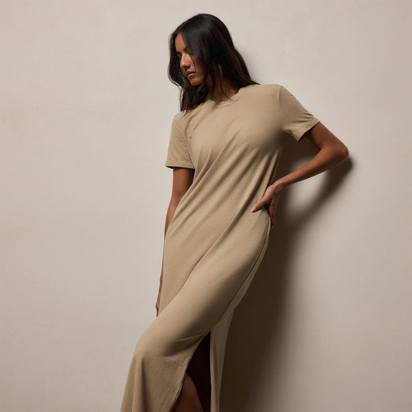 Relaxed Tee Shirt Dress in Light Khaki | James Perse Los Angeles