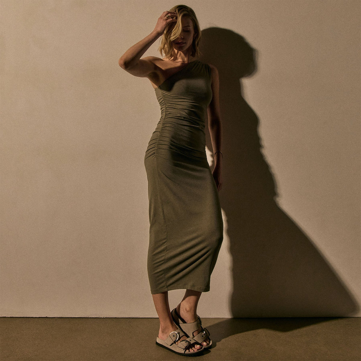 One Shoulder Ruched Dress in Birch | James Perse Los Angeles