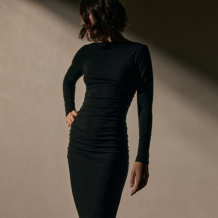 Ruched Long Sleeve Dress in Black | James Perse Los Angeles